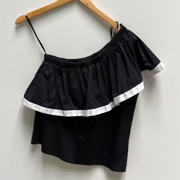 MILLY One Shoulder Ruffle Blouse Black White Size M - Picture 2 of 8